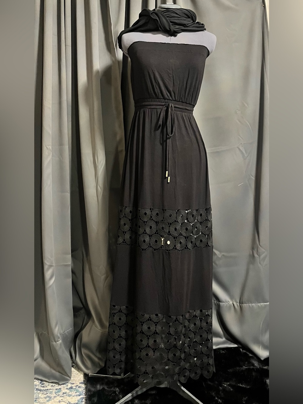 Calvin Klein Black Strapless Maxi Dress with Crochet Panels